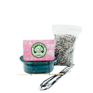 Photo shows bonsai bar repot kit which includes chopstick, bag of premium bonsai soil, and wire set. 