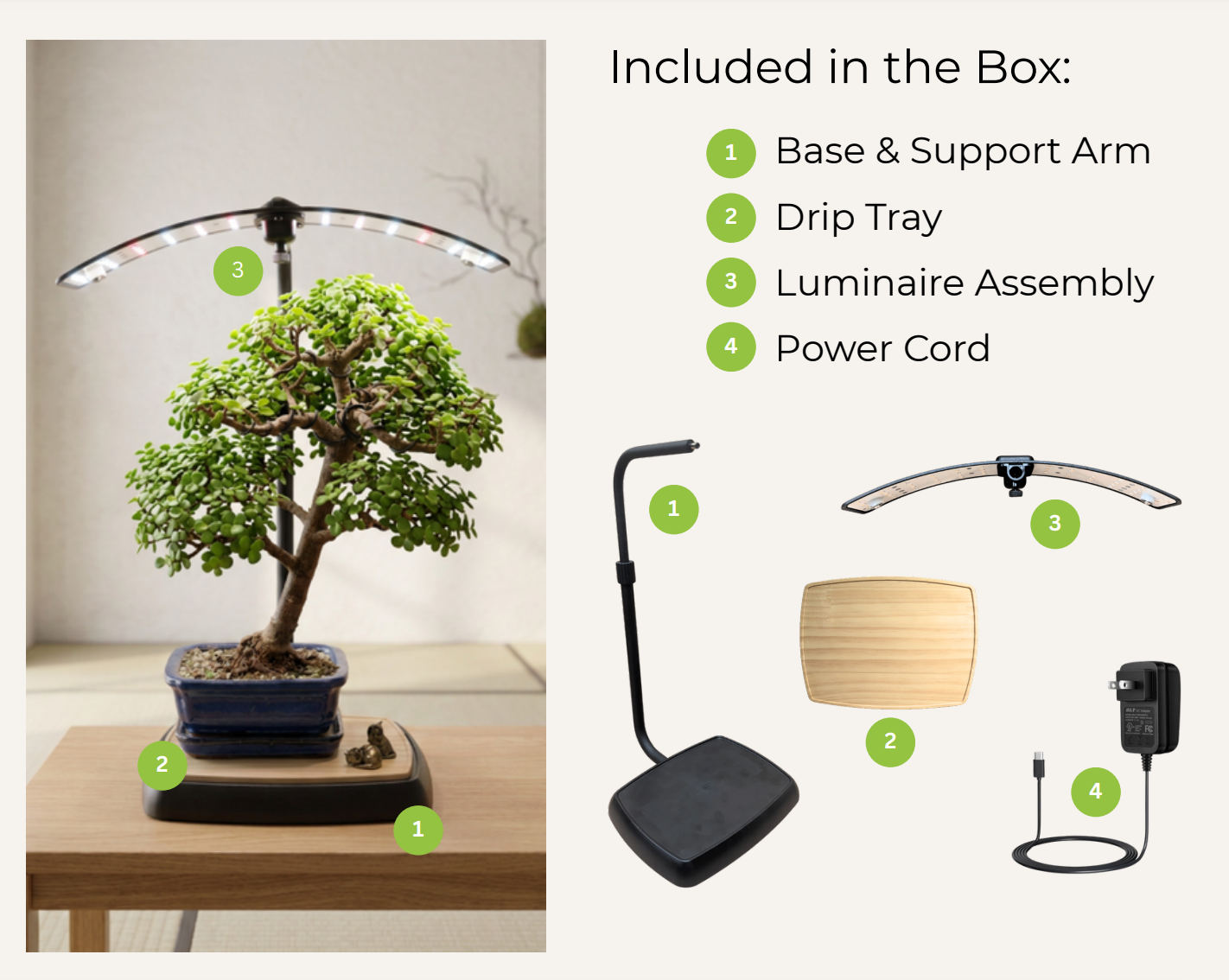 Included in the box: base and support arm, drip tray, luminaire assembly, and power cord for the Shohin Grow Light grow light